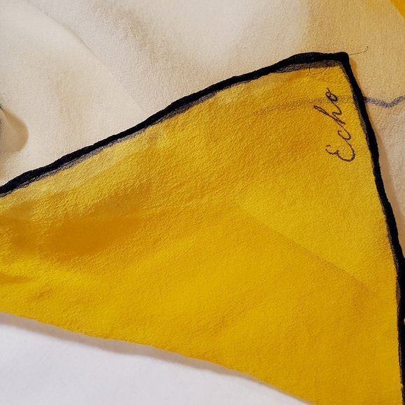 Semi-transparent White Navy and Yellow Chevron Print Vintage Silk Scarf - Picture 8 of 15